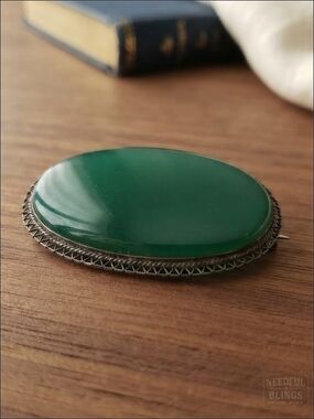 Vintage German Sterling Green Cabochon Brooch Pin